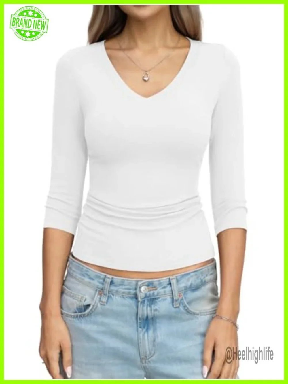 Womens Cotton 3/4 Sleeve V Neck Fitted Basic T-Shirt Stretch Jersey